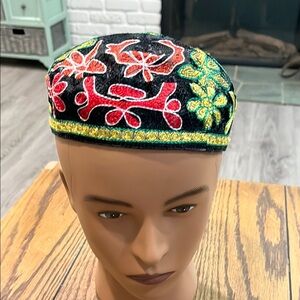 Embroidered Black Cap with Red and Green Floral Design